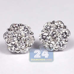 Womens Diamond Cluster Flower Stud Earrings 18K White Gold 1.21 ct