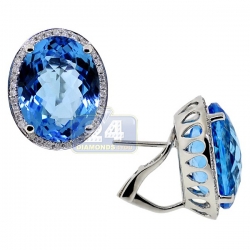 14K White Gold 23.01 ct Blue Topaz Diamond Womens Halo Earrings