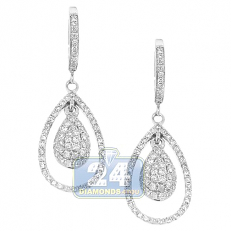 Womens Diamond Pave Drop Earrings 14K White Gold 1.10 ct 1.25"