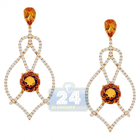 Womens Citrine Diamond Dangle Earrings 14K Yellow Gold 3.03 ct
