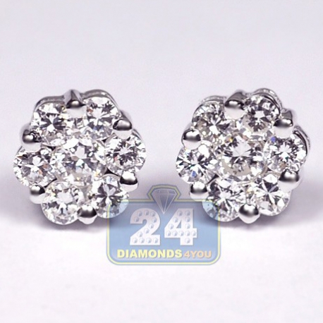 Womens Diamond Flower Stud Earrings 18K White Gold 0.84 Carat