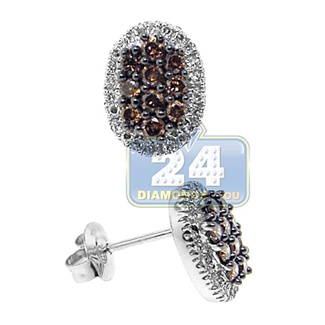 Womens Cognac Diamond Cluster Stud Earrings 14K White Gold 0.7 ct