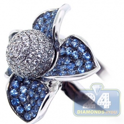 14K White Gold 1.34 ct Diamond Blue Sapphire Flower Ring