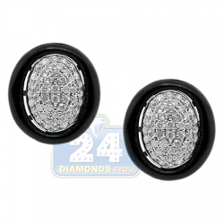 Womens Diamond Oval Stud Earrings 14K White Gold Onyx 1.00 ct