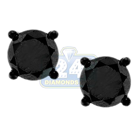 Womens Round Cut Diamond Stud Earrings Black 14K Gold 3.29 ct