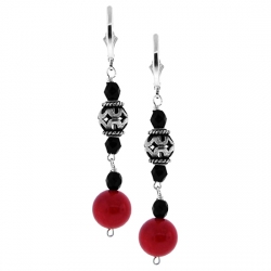 925 Sterling Silver Red Coral Black Onyx Womens Earrings 2.25"