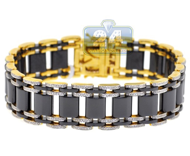 Mens Diamond Ceramic Link Bracelet 14K Yellow Gold 1.75 ct 9