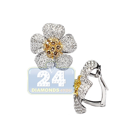 Womens Fancy Yellow Diamond Flower Huggie Earrings 18K Gold