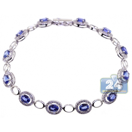 Womens Blue Sapphire Diamond Halo Bracelet 18K White Gold 6.80 ct