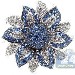 14K White Gold 1.52 ct Blue Sapphire Diamond Flower Ring