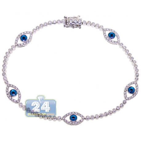 Womens Diamond Evil Eye Tennis Bracelet 14K White Gold 1.55ct 7.5"