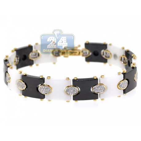Mens Diamond Ceramic Link Bracelet 14K Yellow Gold 1.00 ct 7"