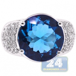 14K White Gold 12.70 ct Blue Topaz Diamond Cocktail Ring