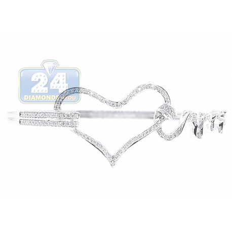 Womens Diamond Open Heart Bangle Bracelet 14K White Gold 7"