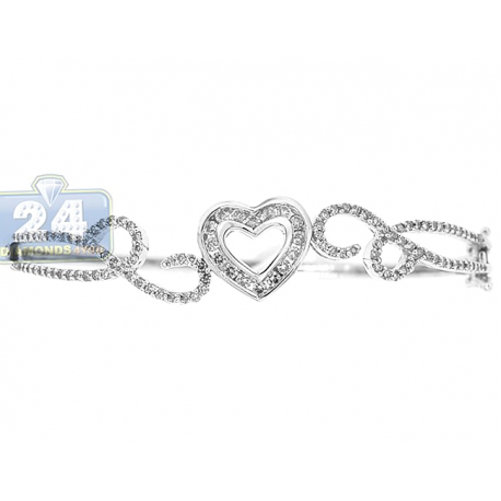 Womens Diamond Heart Bangle Bracelet 14K White Gold 1.20 ct 7"