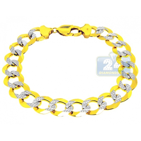 10K Two Tone Gold Curb Diamond Cut Link Mens Bracelet 12mm 9"
