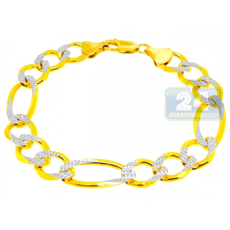 10K Two Tone Gold Figaro Link Mens Bracelet 12 mm 9 Inches