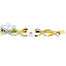 14K Yellow Gold Pearl Diamond Womens Round Bangle Bracelet