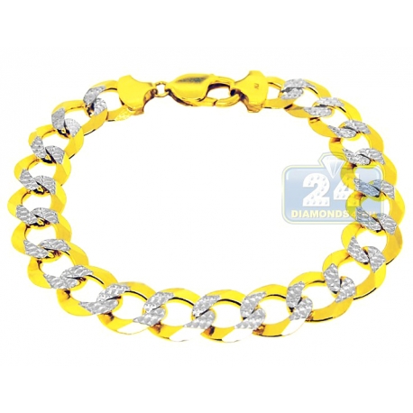10K Two Tone Gold Curb Diamond Cut Link Mens Bracelet 12mm 9.25"
