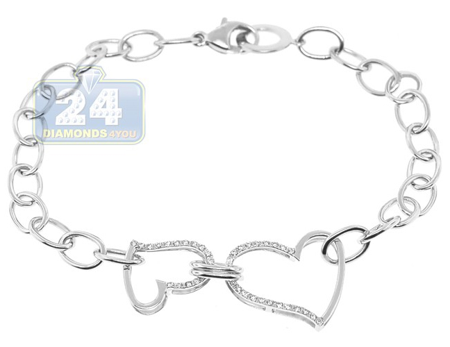 Womens Two Hearts Cable Link Bracelet 14K White Gold Diamond 7