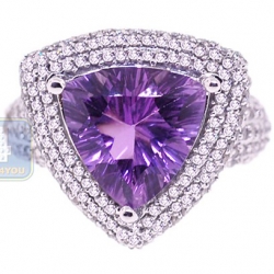 14K White Gold 4.89 ct Triagle Amethyst Diamond Cocktail Ring 