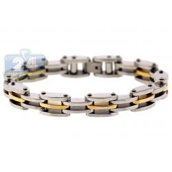 Two Tone Steel Bicycle Link Mens Bracelet 10 mm 8 1/2 Inches