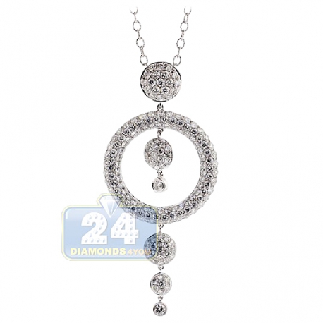 Womens Diamond Drop Circle Pendant Necklace 18K White Gold 18"