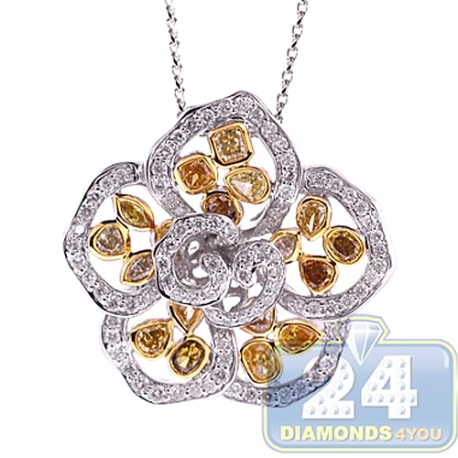 Womens Fancy Yellow Diamond Flower Pendant 14K White Gold 4.32ct