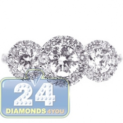 14K White Gold 2.19 ct 3 Stone Diamond Halo Womens Engagement Ring