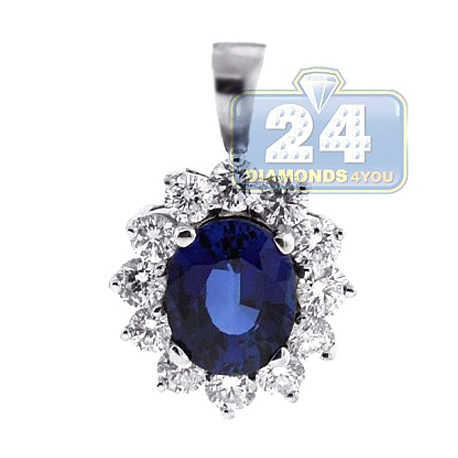 Womens Diamond Blue Sapphire Drop Pendant 18K White Gold 3.78ct