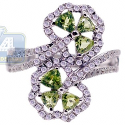 14K White Gold 1.18 ct Diamond Peridot Womens Bypass Flower Ring