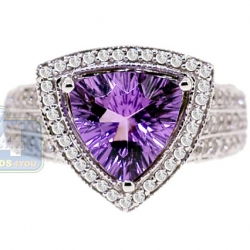 14K White Gold 2.59 ct Triangle Amethyst Diamond Cocktail Ring