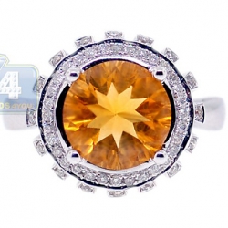 14K White Gold 3.08 ct Round Citrine Diamond Cocktail Ring