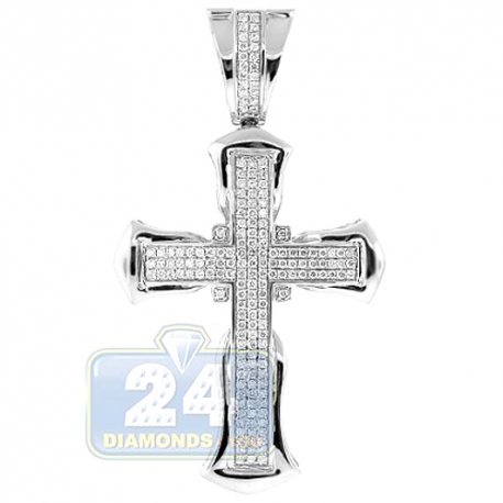 Mens Diamond Pave Religious Cross Pendant 14K White Gold 1.22ct