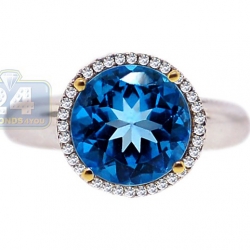 14K White Gold 4.29 ct Blue Topaz Diamond Halo Womens Ring