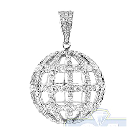 Mens Diamond Globe Sphere Ball Pendant 14K White Gold 2.27ct