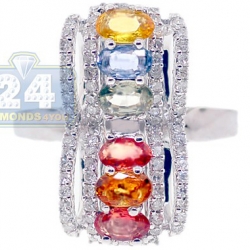 14K White Gold 1.91 ct Multicolored Sapphire Diamond Long Ring