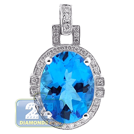 Womens Diamond Blue Topaz Drop Pendant 18K White Gold 11.86ct