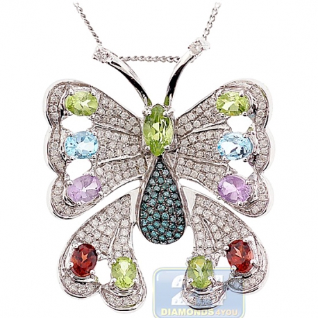 Womens Gemstone Diamond Butterfly Pendant 14K White Gold 6.90ct