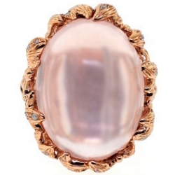 14K Rose Gold 26.39 ct Cabochon Quartz Diamond Vintage Cocktail Ring