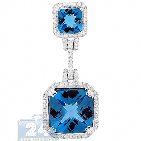 Womens Blue Topaz Diamond Drop Pendant 14K White Gold 10.40ct
