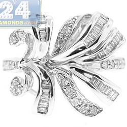 14K White Gold 0.50 ct Mixed Round Baguette Diamond Leaf Ring