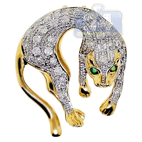 Womens Diamond Small Panther Pendant 14K Yellow Gold 0.80ct