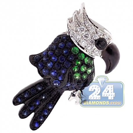 Womens Diamond Sapphire Parrot Bird Pendant 14K White Gold .70ct