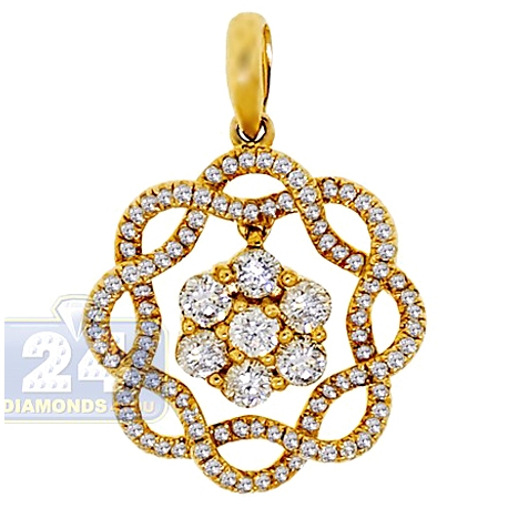 Womens Diamond Flower Round Pendant 14K Yellow Gold 0.89ct