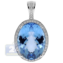 14K White Gold 15.35 ct Blue Topaz Diamond Womens Halo Pendant