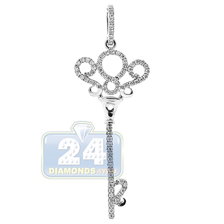 Womens Diamond Vintage Key Pendant 14K White Gold 0.28ct 1.75"