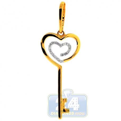Womens Diamond Heart Key Love Pendant 14K Yellow Gold 0.16ct