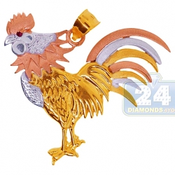 Solid 10K Three Tone Gold Rooster Cock Animal Mens Pendant