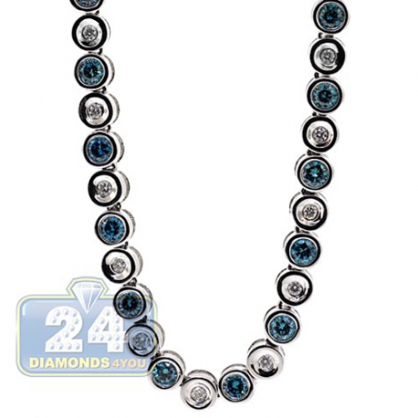 Mens Bezel Set Blue Diamond Tennis Chain 14K White Gold 17.0ct 30"